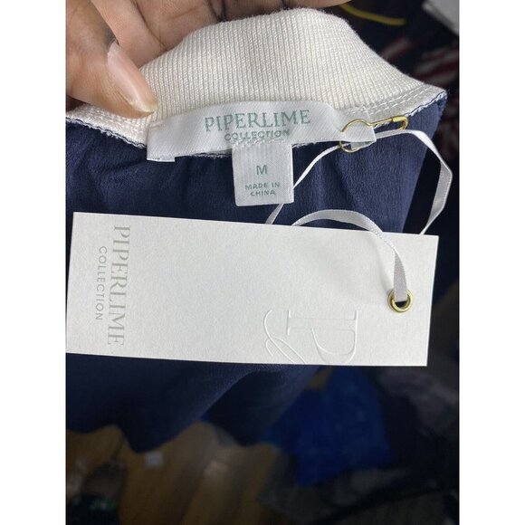 Piperlime Woman’s V Neck Rib Navy Trim Varsity Long sleeve Pullover SZ M - Picture 4 of 6